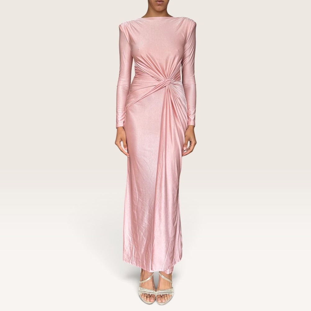 Soft Pink Fall Wedding Guest Maxi Dress Small Long Sleeve Twist Front Homecoming